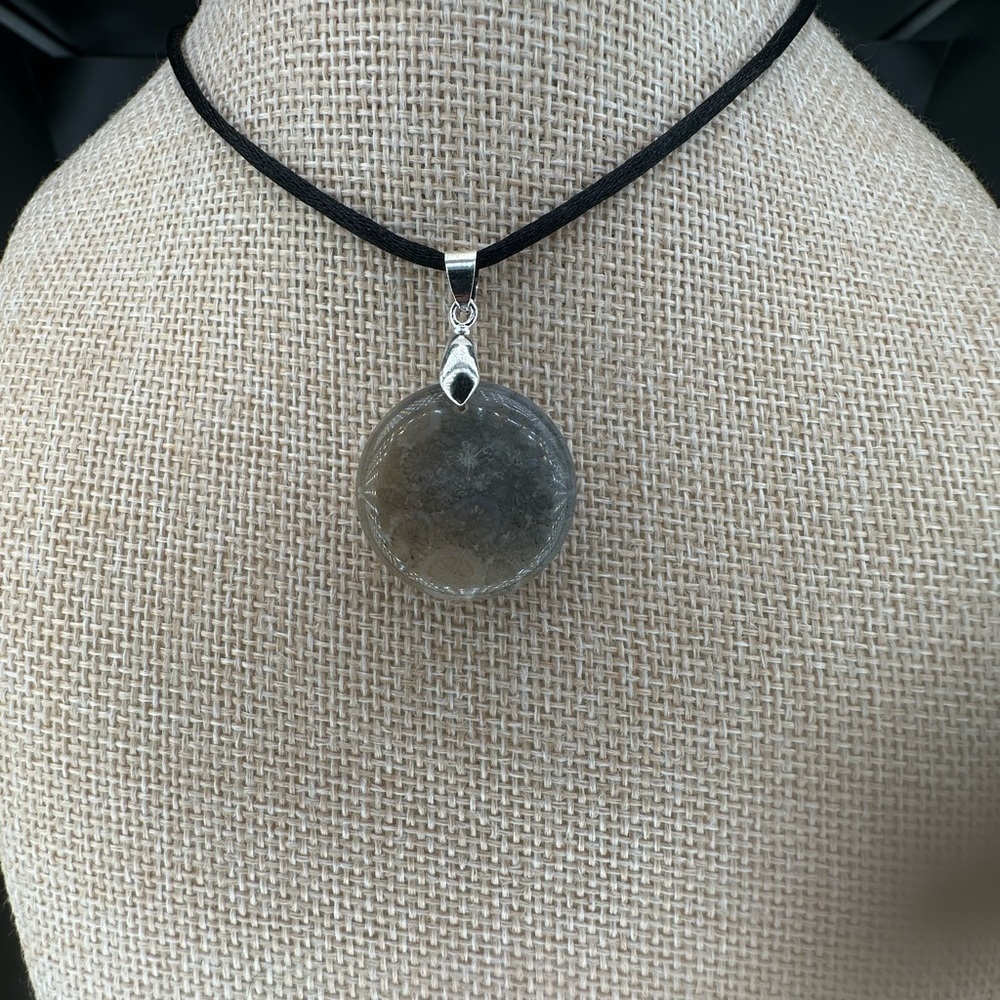 Round Ice Coral Fossil Pendant Pendant on Black Satin Rope